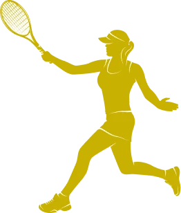 Illustration silhouette d'une joueuse de tennis courant et préparant un coup droit avec sa raquette, isolée sur un fond neutre.