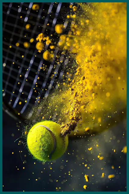 Image haute vitesse d'une balle de tennis frappant une raquette avec un effet d'explosion de poudre jaune, capturant le mouvement dynamique et la puissance du tennis professionnel.